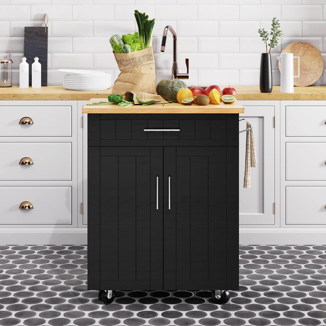 Shintenchi Kitchen Island Cart with Storage,Rolling Kitchen Island Side Table on Wheels with Worktop,Single Door Storage Cabinet and Drawer for Kitchen,Dinning Room, Black (26inch)