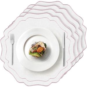 4 Sets Ribbon Twirl Cotton Linen Placemats, 15 inch Embroidery Round Cloth Table Mats with Pink Scalloped Edge Washable Fabric Place Mats Flower Shape for Wedding Baby Shower Party Table Decor (White and Pink)