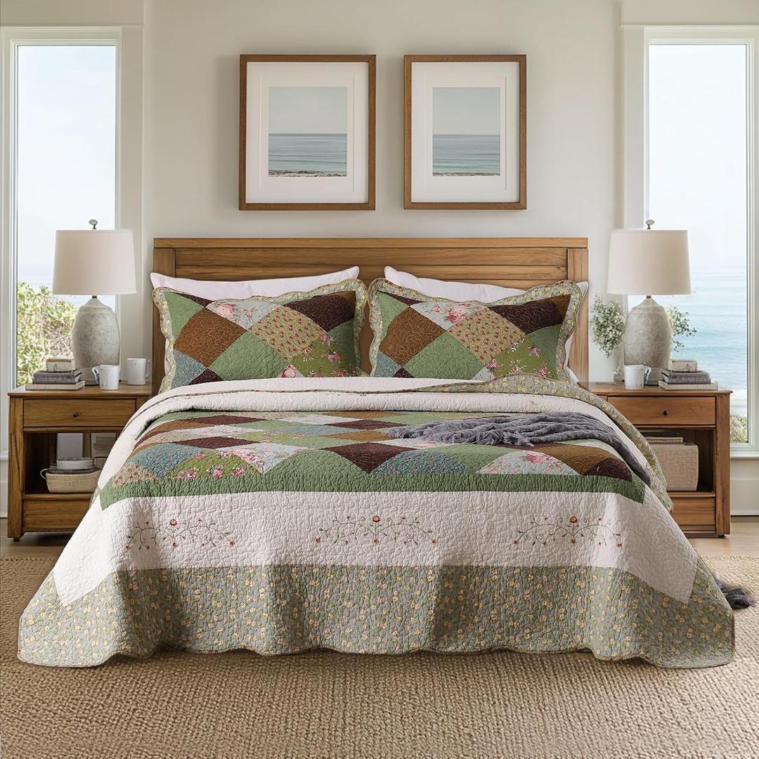 KASENTEX Authentic 100% Cotton Easy-Clean Multi Checkered Patchwork Quilt with Lavish Floral-Paisley Bedspread, Soft Hotel Luxury Bedding, Twin/Twin XL 68x90, Multicolored Floral Paisley