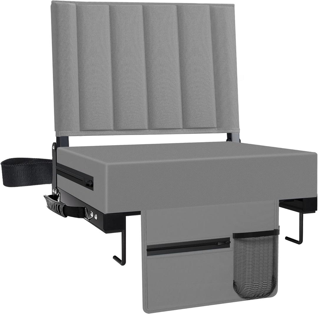 Stadium Seat for Bleachers with Back Support and Cushion, Bleacher Seats with Shoulder Strap and Cup Holder, Padded Portable Folding Comfort Stadium Chair, for Sports Events, Grey (1pcs)