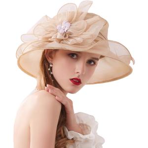 ORIDOOR Womens Organza Church Tea Party Wedding Fascinator Derby Hat Wide Brim Sun Hats (One Size, C9-khaki)
