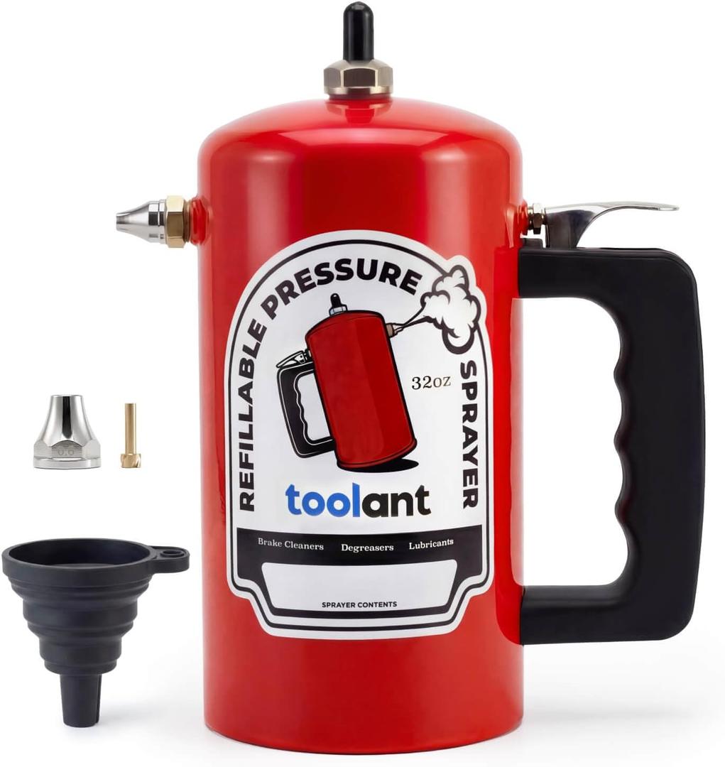 toolant 32oz Refillable Pressurized Sprayer, Steel Canister, Rust-Resistant Lining, Needle Valve Leak-Resistant, Dual Nozzles 1.0/0.6mm, Funnel Included, 200 PSI Max, for Brake Cleaner & Solvents, Red