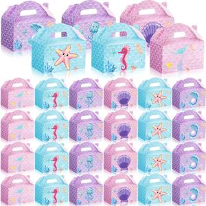 Dunzoom 24 Pcs Mermaid Party Favors Treat Boxes Shell Pearl Mermaid Goodie Bags Candy Gift Bags Ocean Gable Box with Handles for Girls Under The Sea Birthday Party Supplies (Colorful)