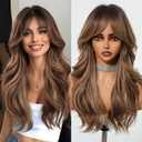 Long Brown Layered Wig with Curtain Bangs for Women Highlight Brown Mixed Blonde Wavy Wig Natural Looking Heat Resistant Synthetic Wigs for Daily Party Use