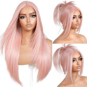 Pink Wear and Go Glueless Wigs Light Pink Synthetic Lace Front Wigs Pre Plucked Pre Cut Long Layered Straight Wigs with Curtain Bangs For Woman middle Part Wig 26 Inch for Beginners