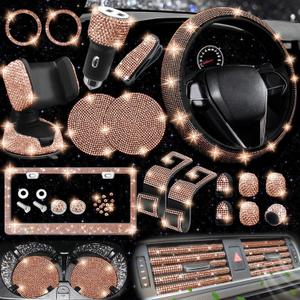 NBTEPEM 27 PCs Gold Champagne Bling Car Accessories Set for Women, Steering Wheel Covers Universal Fit 15 Inch, Bling License Plate Frame, Bling Phone Holder, Bling Car Coasters