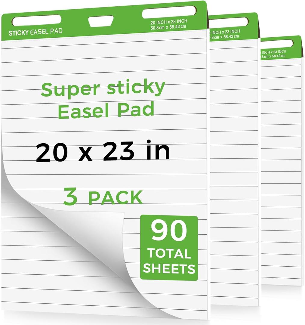 Sticky Easel Pads 20 x 23 Inches, 3 Pack Anchor Chart Paper for Teachers, Self Stick Flip Chart Paper with Sticky Back for Classroom, Office, 30 Sheets/Pad (Lined)