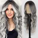 WERD Grey Wigs for Women Ombre Grey Curly Hair Wig Middle Part Dark Roots Natural Looking Synthetic Heat Resistant Mix Gray Wigs for Cosplay Party Use