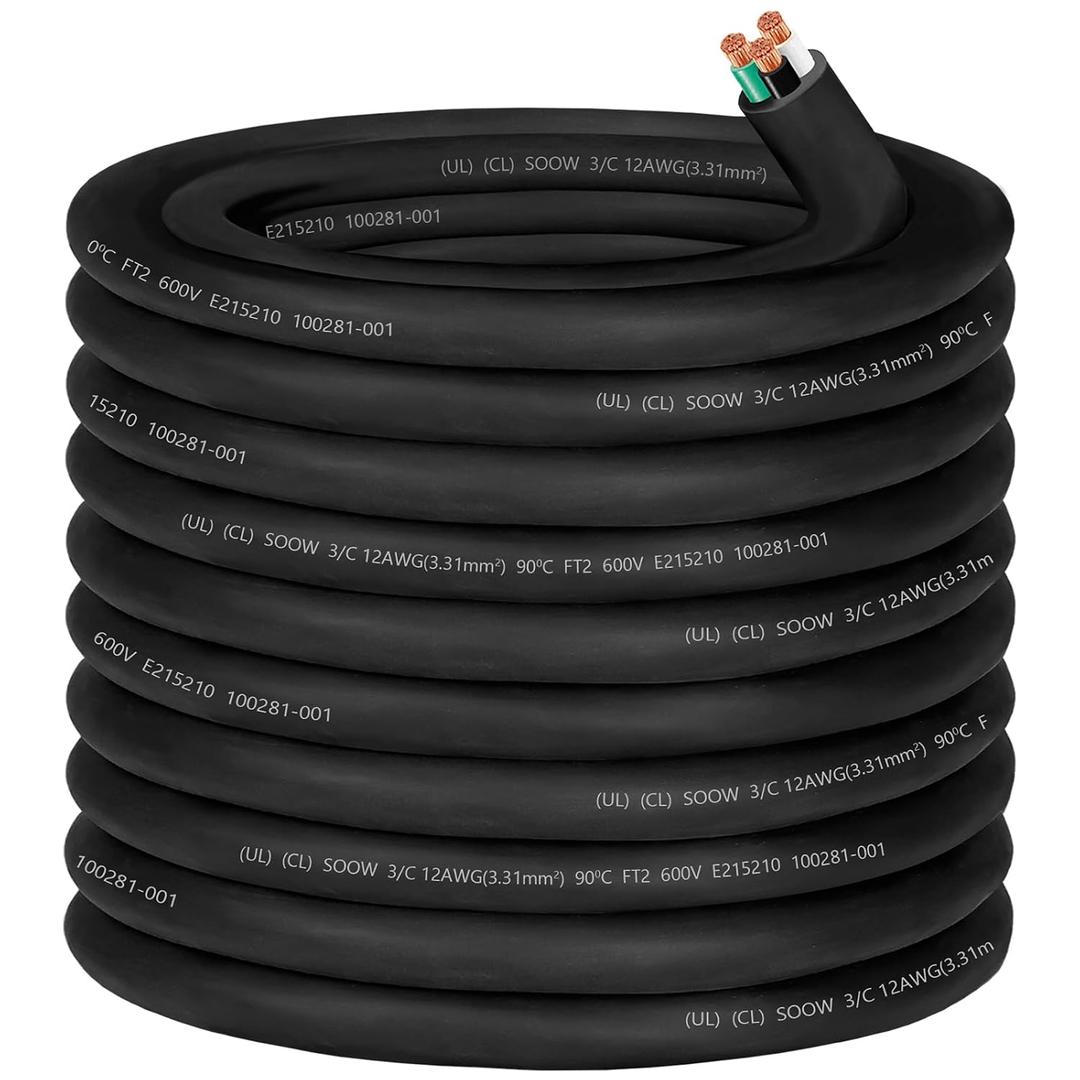 100ft 12/3 12 Gauge SOOW Wire 12 AWG SOOW Portable Power Cable 600V 3 Conductor 12/3 12 Gauge Extension Cord Electric Wire for Motor Lead,Generator,Welder,NEMA 14-20 RV Outlet Box,Car Battery Charger
