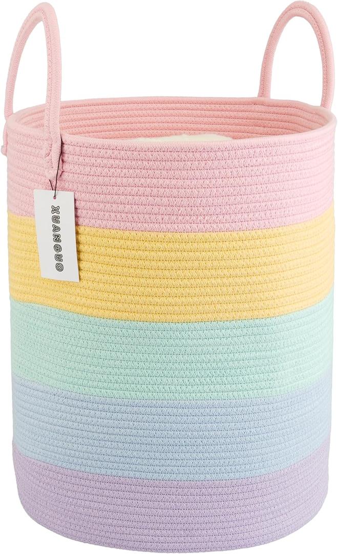 Rope Laundry Basket Hamper for Kids Girl Woven Storage Basket for Living Room Bedroom Boho Tall Baskets for Blanket Toys Pillow Towels Baby Nursery Hamper Bin rainbow (Regular)