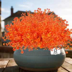 12 Bundles Artificial Fall Flowers for Outdoors, No Fade Faux Autumn Plants, UV Resistant for Thanksgiving Days, Home Dcor (Orange Red)