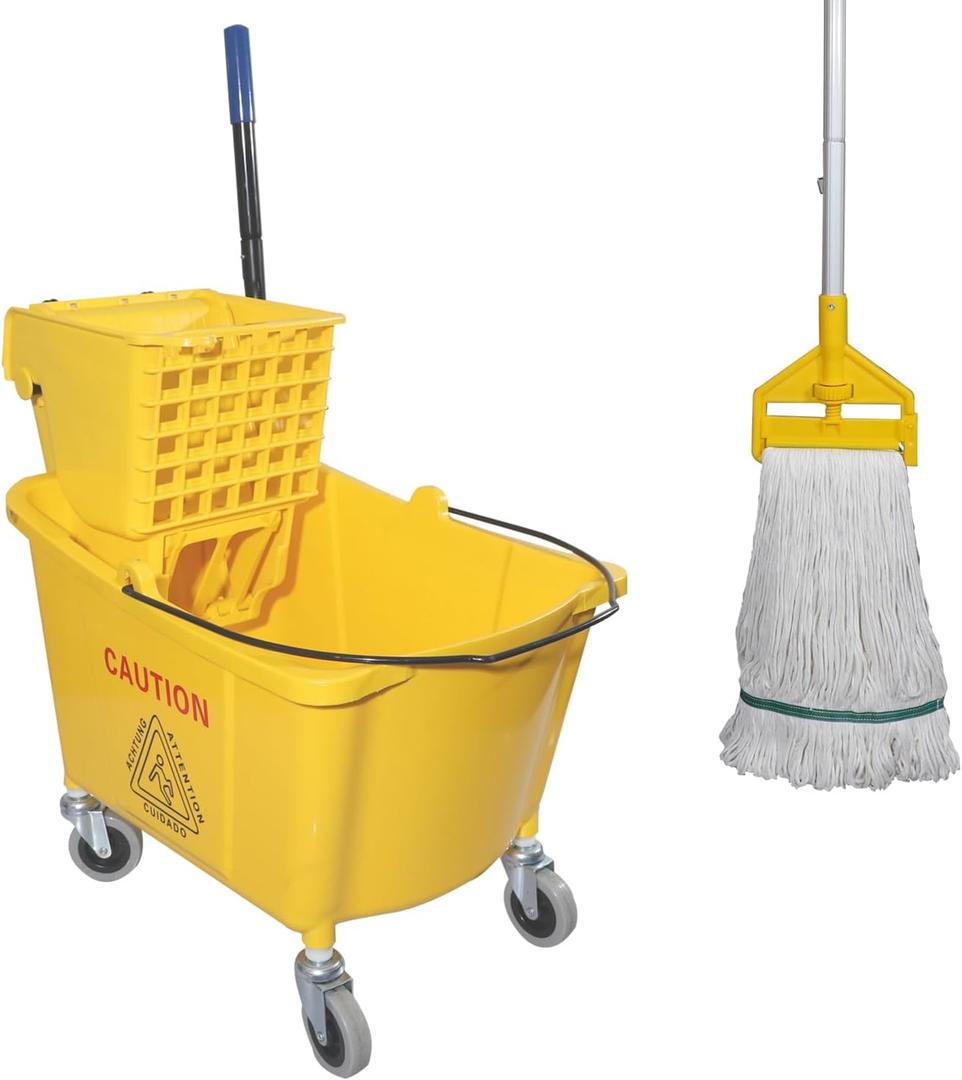 Commercial Mop Bucket with Side Press Wringer on Wheels, Including One Commercial Mop, 35 Quart, Yellow Commercial Mop Bucket with Side Press Wringer on Wheels, Including One Commercial Mop, 35 Quart, Yellow
