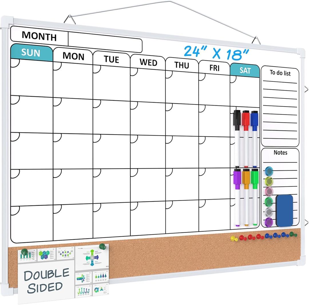 MaxGear Monthly Calendar Whiteboard for Wall, 24" x 18" Double-Sided White Board Calendar with Bulletin Board, Dry Erase Cork Board Combo, Hanging Dry Erase Board for Office Home Kitchen