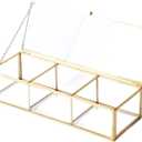 Vintage Golden Glass Lidded Box Clear Glass & Brass Metal Storage Jewelry and Cosmetic Makeup Organizer with Lid Beauty Display, Rectangle with 3 Compartment