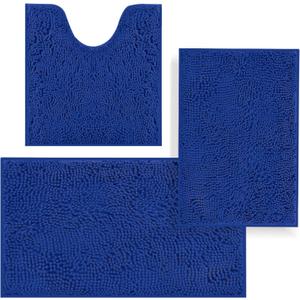 Bathroom Rugs Sets 3 Piece,Bath Mats for Bathroom Non Slip, Thick Chenille Bath Rug,Soft and Absorbent Shaggy Bathroom Mat Set, Machine Wash & Quick Dry Durable Carpet for Bath,Kitchen,Sapphire Blue