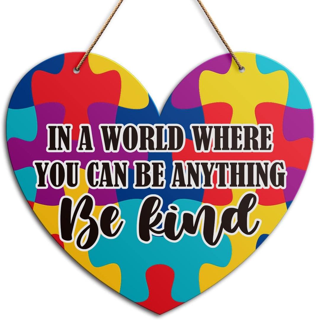 Autism Awareness Wall Door Sign, Be Kind, Inspirational Autism Sign Nursery Classroom Baby Kids Bedroom Wood Hanging Wall Decor Sign Plaque, Motivational Gifts for Autism Child