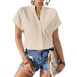 Avanova Women Button Down Short Sleeve Shirt Blouse V Neck Work Business Top XL