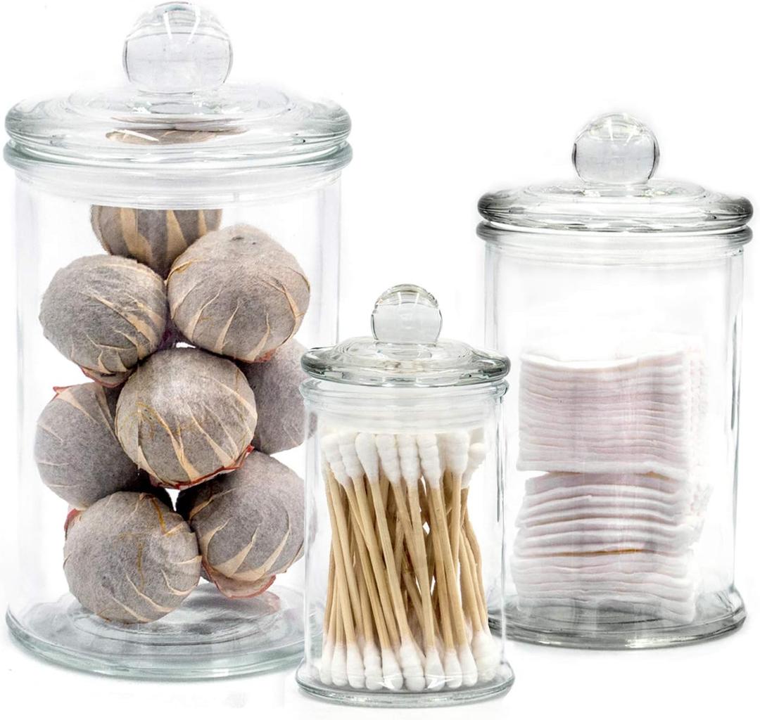 Mini Glass Apothecary Jars, Bathroom Storage Organizer Canisters for Cotton Swabs, Cotton Balls, Makeup Sponges, Bath Salts, Hair Ties, Makeup - Set of 3