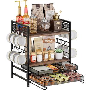 Coffee Bar Organizer, 4 Tier Coffee Station Organizer for Countertop, 30 K Cup Pod Drawer, Mug Cup Holder Stand With 12 Hooks, Multifunctional K Pods Shelf Storage Holder Drawer