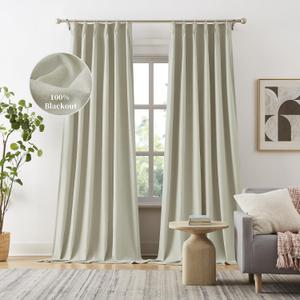 DUALIFE Blackout Pinch Pleated Curtains 132 Inch Long, Linen Blended Farmhouse 100% Blackout Thermal Insulated Back Tab Drapes with Hooks for Track System 2 Panels-Greige/Natural Linen, W40xL132