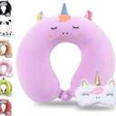 Sexysamba Cartoon Headrest & Neck Pillow for Kids Boys & Girls, Teens, Travel Accessories for Airplane, Car, Recline, Memory Foam Cute Travel Pillow with Sleep Eye Mask - Purple Unicorn