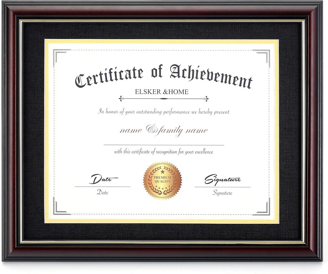 ELSKER&HOME Diploma Frames 11x14 with Mat- Solid Cherry Wood - Display 11x14 Document/Certificate with Mat or 15x18 without Mat - Wall Mount Display (Double Mat, Black Mat with Golden Rim)