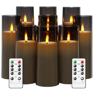 Flickering Flameless Candles Battery Operated with Remote and 2/4/6/8 H Timer Plexiglass Led Pillar Candles Pack of 9 (D2.3 xH5.5 6.5" 7.5") with Realistic 3D Wick Candles for Home Decor(Grey)