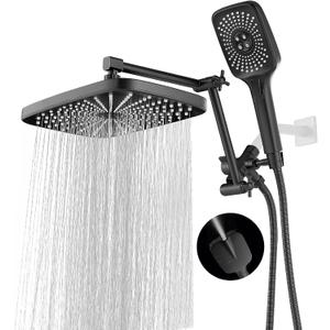 High Pressure Rain Shower Head with Handheld Spray Combo, 12 Inch Rainfall Shower Heads with Adjustable Extention Arm, Wide Dual Waterfall Showerhead with 3-Way Diverter(Matte Black)
