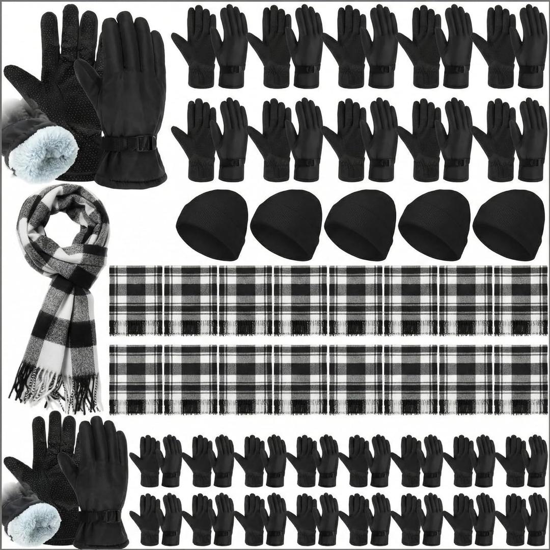 48 Pcs Winter Beanie Hat Glove Scarf Set Bulk Fleece Windproof Ski Glove Plaid Scarves Warm Beanie Cap for Women Men Homeless (Fashion)