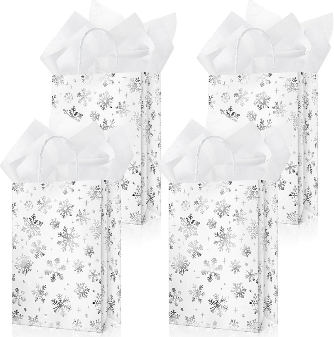 Silkfly 50 Pcs Small Winter Party Favor Gift Bags Bulk Snowflake Metallic Kraft Candy Treat Goodie Bags with Handle 50 Pcs Tissue Paper for Xmas Winter Holiday Birthday Party Supplies (Silver)