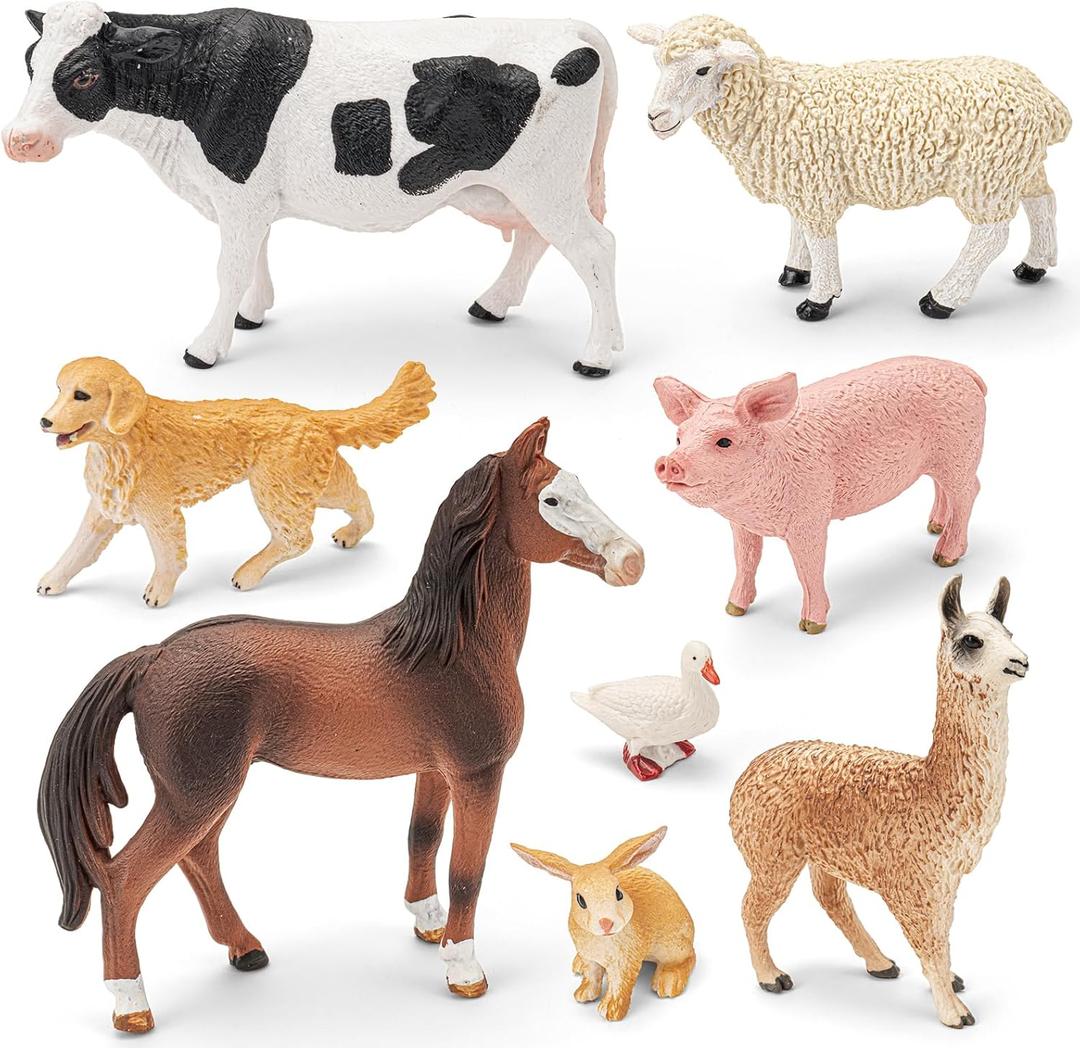 8PCS Large Farm Animals Toys for Kids, Realistic Plastic Farm Animal Figurines Barn Toys with Marwari Horse,Cow,Rabbit,Dog,Sheep,Pig,Alpaca,Goose, Preschool Toy Birthday Gift for Boys Girls