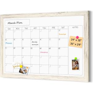 4 THOUGHT Whiteboard Calendar 24" x 18" Magnetic Dry Erase Board Wood Frame Wall-Mounted Monthly Planner White Board Decorative Notice Board for Office School Home, White Vintage