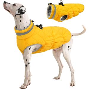 FUAMEY Dog Coat for Large Dogs,Waterproof Dog Winter Jacket with Harness Built in Puppy Cold Weather Coats Reflective Pet Vest with Zipper Warm Fleece Dogs Snowsuit Windproof Yellow L