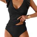 Tankini Swimsuit for Women Tummy Control Two Piece Bathing Suit Ruched Ruffle Swimwear Top with Bottom (Large, Black)