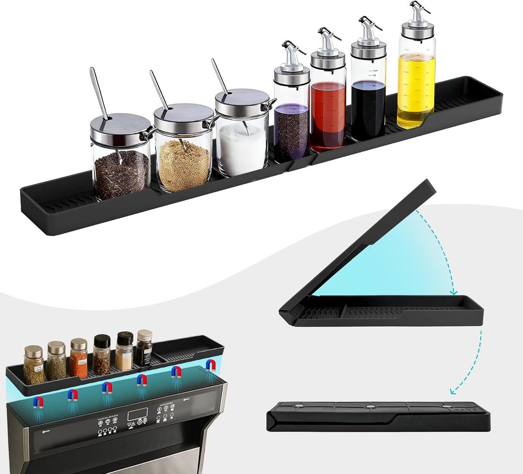 2 x Silicone Over The Stove Shelf, 30 Inch Magnetic Stove Top Organizer - No Drill Space Saving Storage Rack for Spices & Kitchen Utensils, Perfect for Small Kitchen & Apartments （Black）