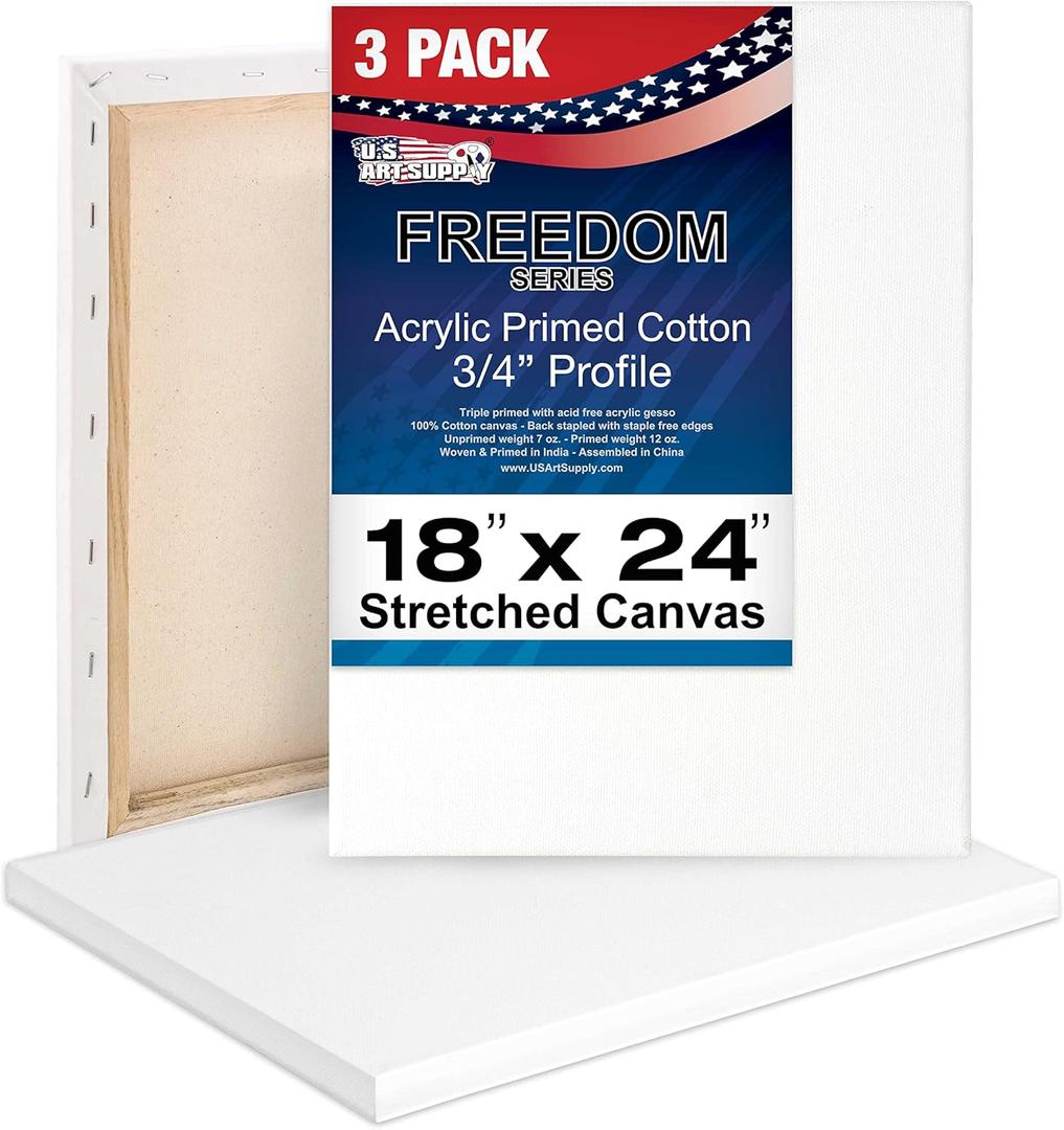 U.S. Art Supply 18 x 24 inch Stretched Canvas 12-Ounce Triple Primed, 3-Pack - Professional Artist Quality White Blank 3/4" Profile, 100% Cotton, Heavy-Weight Gesso - Acrylic Pouring, Oil Painting