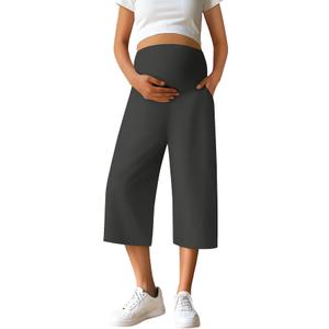 Huukeay Women's Cotton Linen Maternity Capris Pants, Lounge Pregnancy Cropped Pants Wide Leg Over The Belly Pockets Trouser(Dark Gray, Medium)