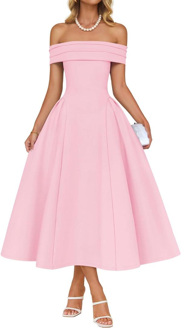 ZESICA Summer 2026 Cocktail Dresses for Women's Off Shoulder Short Sleeve Swing A Line Wedding Evening Party Midi Dress (Pink, M)