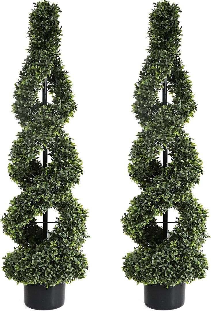 46Inch Double Spiral Artificial Boxwood Topiary Tree 4" Plants Fake Faux Plant Decor in Plastic Pot Green Indoor or Outdoor, Set of 2