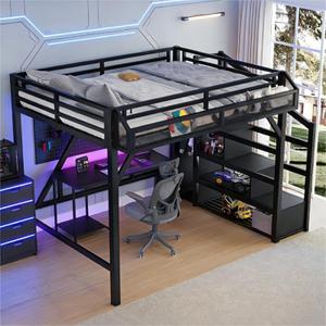 Bellemave Queen Loft Bed Frame with Storage Stairs, Beside Shelf & Wardrobe, Metal Queen Size Loft Bed with LED Light & USB Ports, Large Under-Bed Space Loft Beds for Adults, Teens, Kids, Black