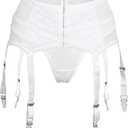 ohyeah Plus Size High Waist Garter Belt Set Lace Mesh Suspender Belt with 6 Vintage Metal Clip for Stockings (Medium-Large, White)