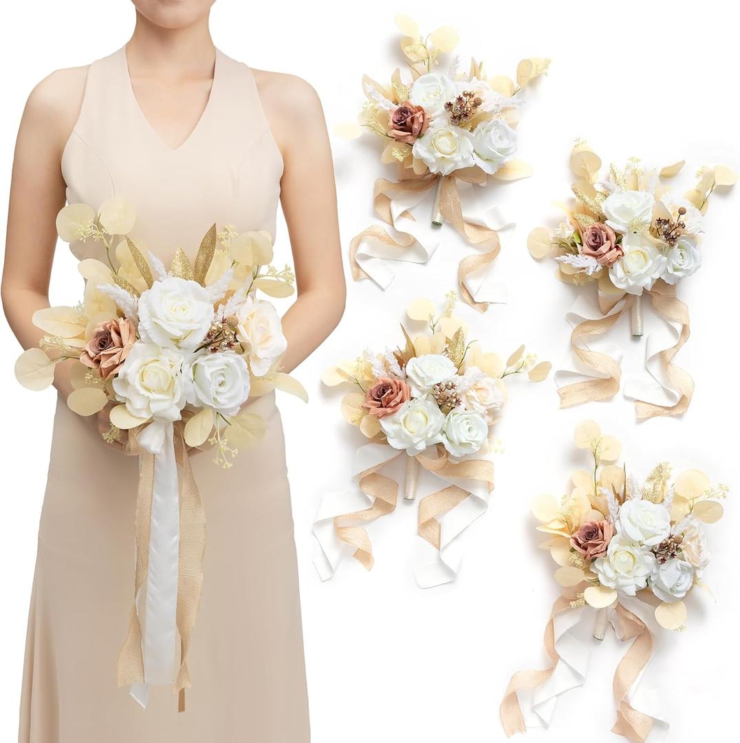 Ling's moment Artificial Bridesmaid Bouquets Set of 4,Boho Wedding Flower Bouquets White Beige Floral Bouquet Ivory Bridesmaid Bouquets with Ribbon Ceremony,Anniversary,7-inch Diameter