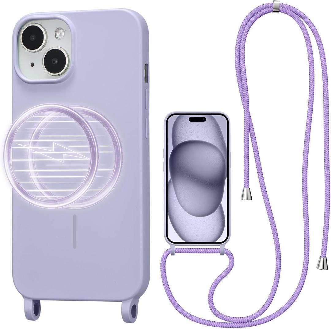 Magnetic Crossbody Case for iPhone 14 Plus/15 Plus 6.7", Liquid Silicone Case with Adjustable Shoulder Neck Lanyard Strap,[Compatible with MagSafe] Shockproof Protective Phone Cover-Purple