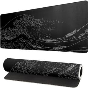 Japanese Sea Wave Large Mouse Pad, Anime Black Gaming, Extended Kanagawa Mat Desk Pad, 3mm Thick Long Non-Slip Rubber Base Mice Pad, 31.5 X 11.8 Inch