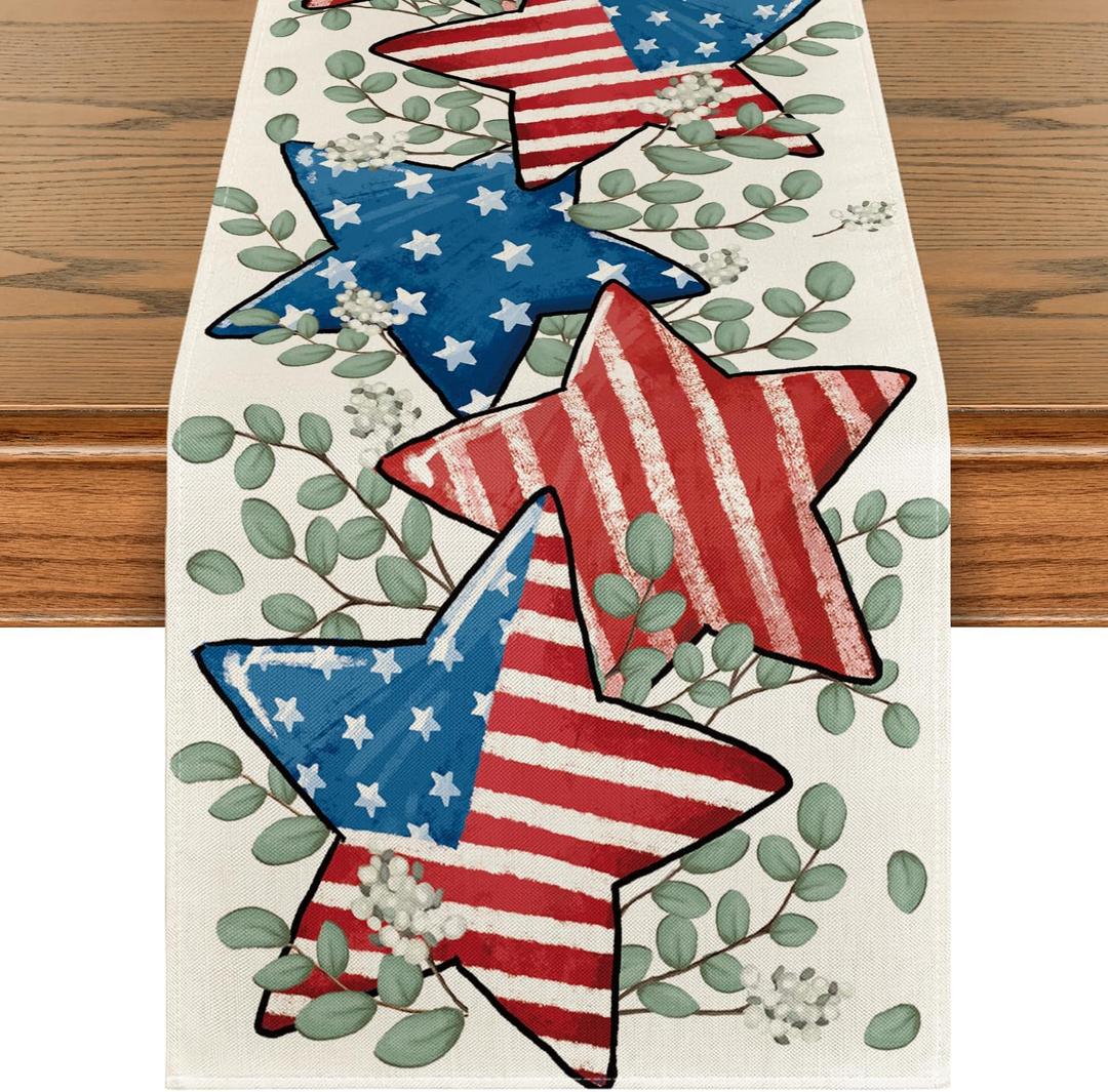 Artoid Mode American Flag Stars Eucalyptus 4th of July Table Runner, Memorial Day Kitchen Dining Table Decoration for Home Party Decor 13x48 Inch
