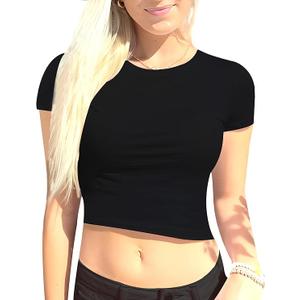 1 & 9 Baby Tees for Women – Cute Summer Tops for Teen Girls, Short Sleeve Slim Fit Crop T-Shirts,Going Out Outfits
(Large, Black)