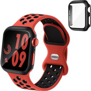 Sport Silicone Bands and Case with Screen Protector Compatible with Apple Watch Band 44mm/45mm/46mm/42mm/41mm/40mm for Men, Breathable Strap and Cover Combo for iWatch Series 11/10/9/8/7/6/5/4/SE (Red Black)