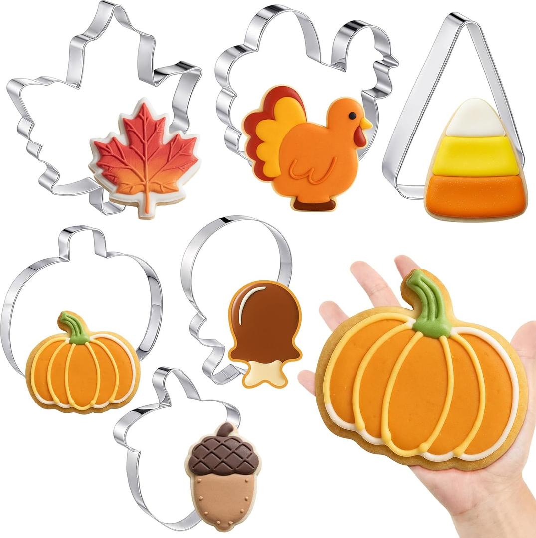 6 Pcs Large Thanksgiving Cookie Cutters 8" Fall Cookie Cutters Stainless Steel Metal Baking Molds for Holiday, Pumpkin, Leaves, Turkey, Chicken Legs, Acorn