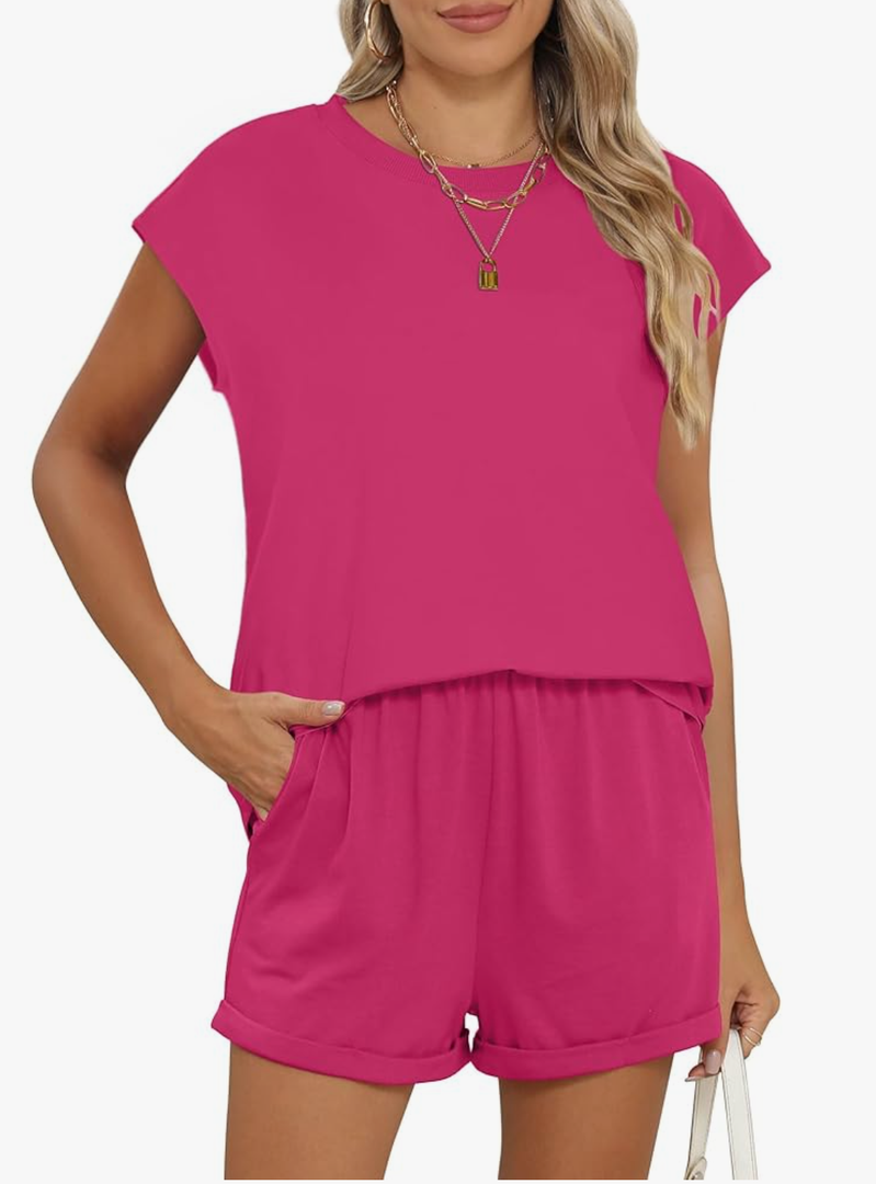 RUBZOOF 2 Piece Outfits for Women Lightweight Matching Lounge Sets Cap Sleeve Top and Elastic Waisted Shorts Meduim