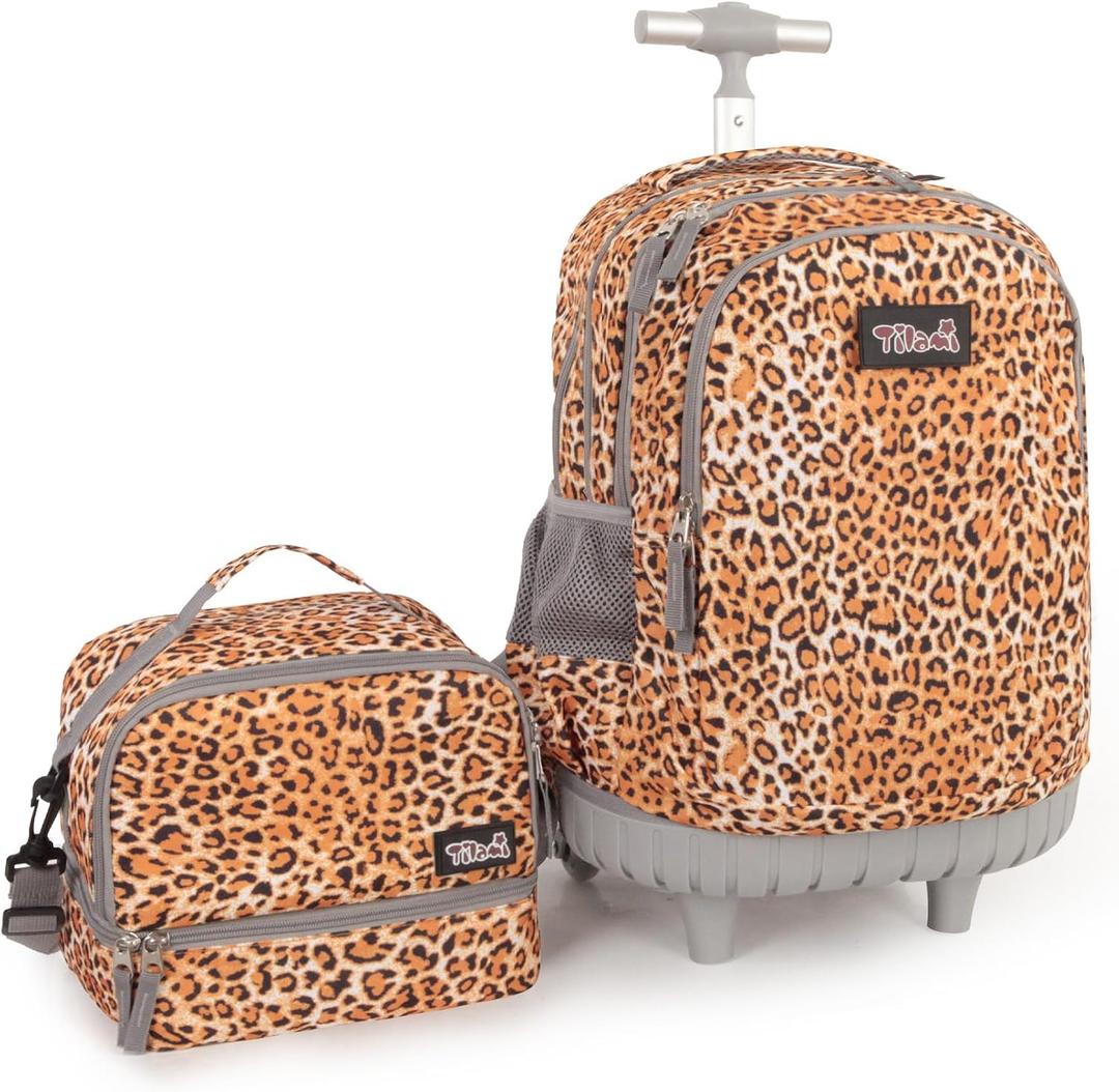 Tilami Rolling Backpack for Boys and Girls,Leopard Brown